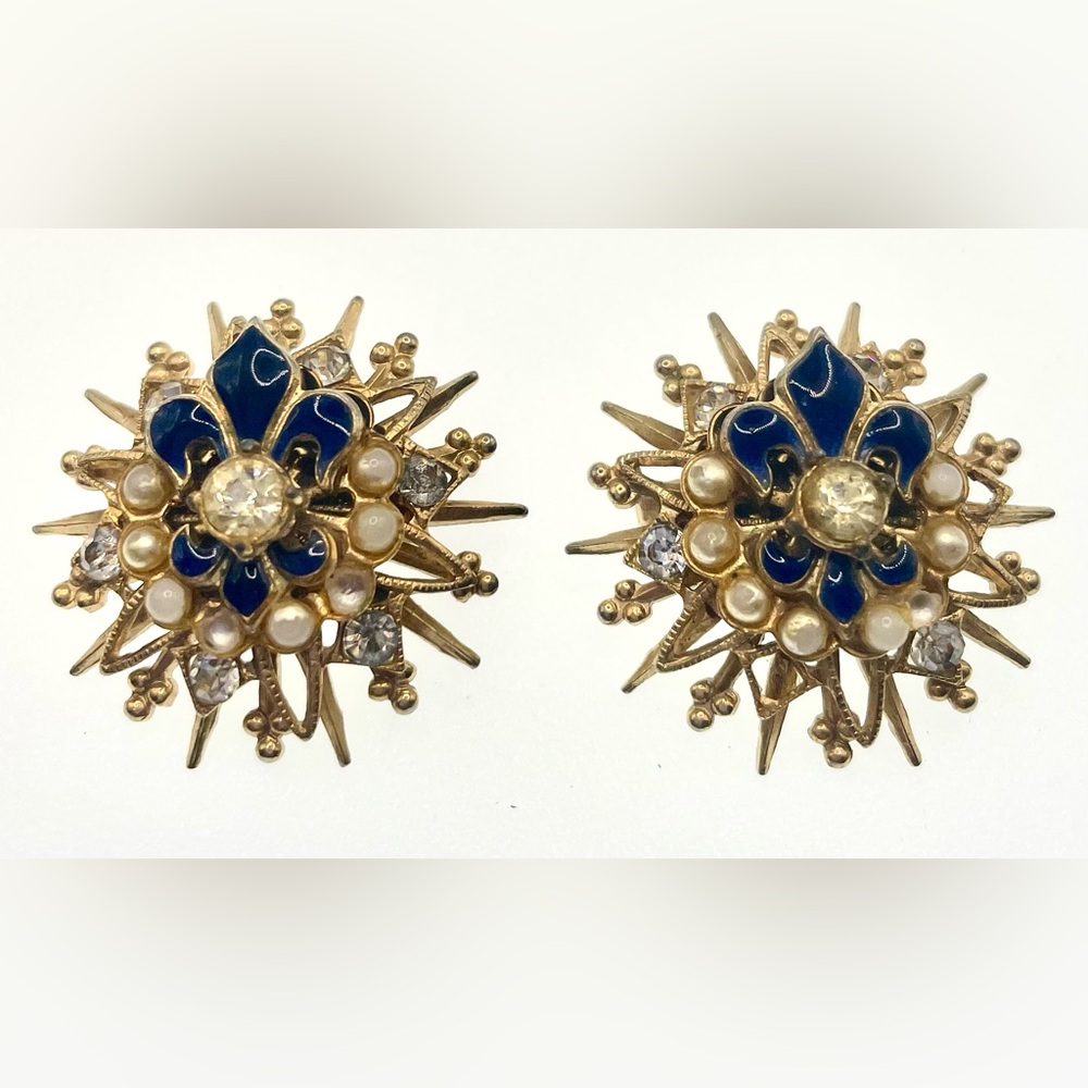 Vintage Scatter Pins Gold Tone Atomic Fleur De Lis Enamel Crystals Faux Pearls